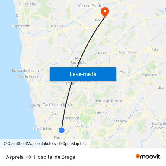 Asprela to Hospital de Braga map