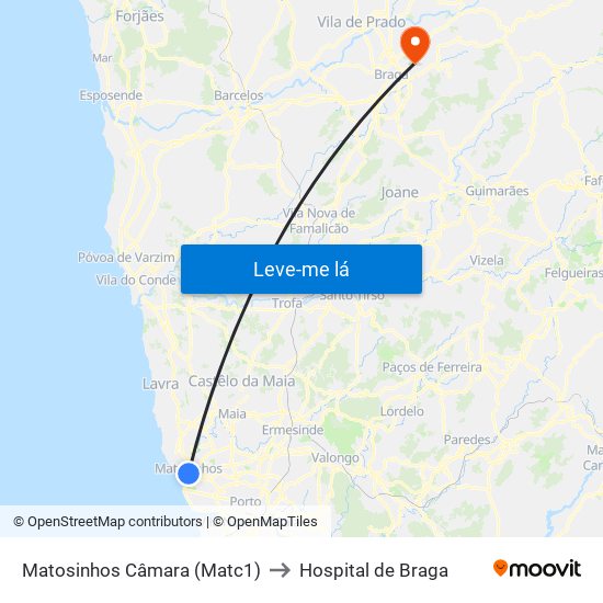 Matosinhos Câmara (Matc1) to Hospital de Braga map