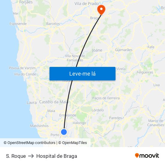 S. Roque to Hospital de Braga map