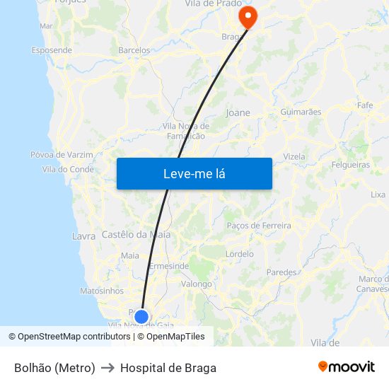 Bolhão (Metro) to Hospital de Braga map