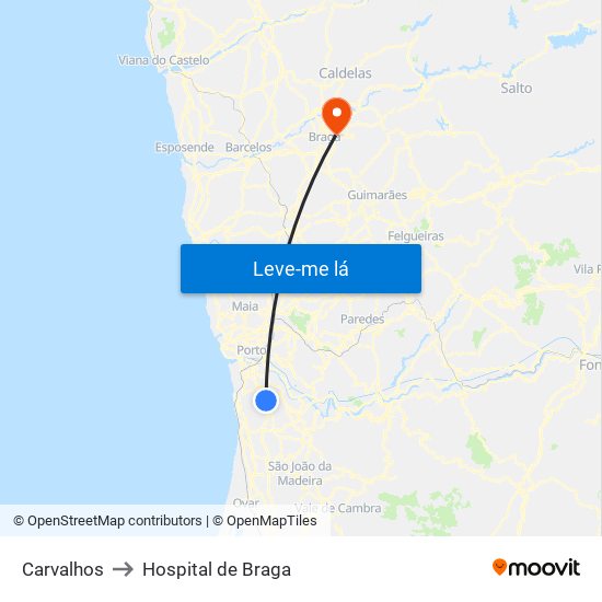 Carvalhos to Hospital de Braga map