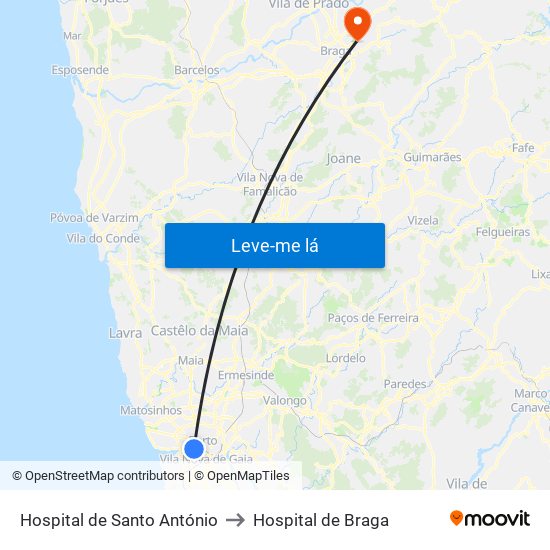Hospital de Santo António to Hospital de Braga map