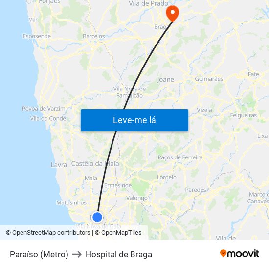 Paraíso (Metro) to Hospital de Braga map