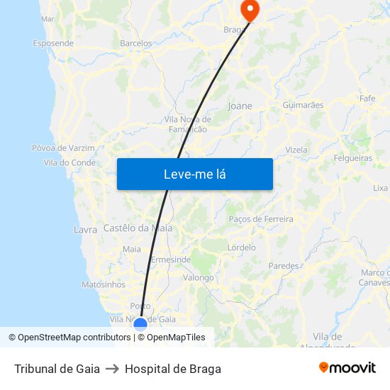 Tribunal de Gaia to Hospital de Braga map