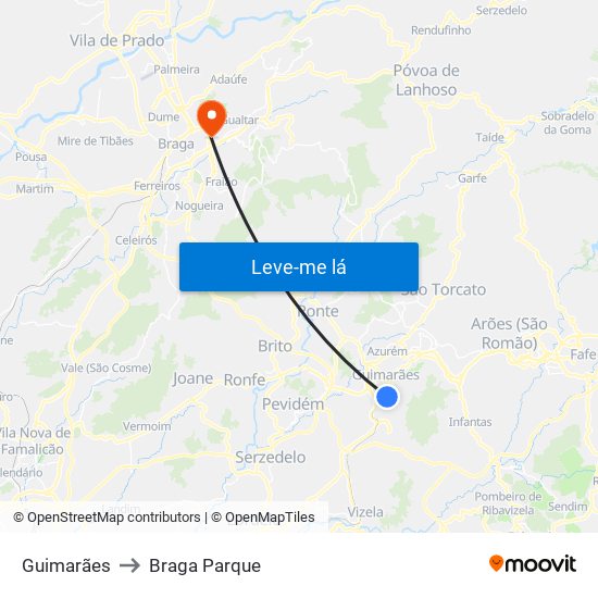 Guimarães to Braga Parque map