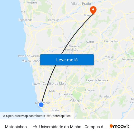 Matosinhos (Praia) to Universidade do Minho - Campus de Gualtar / Braga map