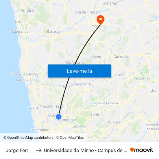 Jorge Ferreirinha to Universidade do Minho - Campus de Gualtar / Braga map