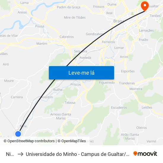 Nine to Universidade do Minho - Campus de Gualtar / Braga map