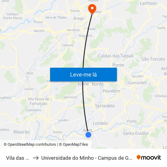 Vila das Aves to Universidade do Minho - Campus de Gualtar / Braga map