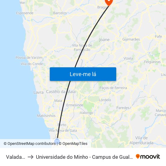 Valadares to Universidade do Minho - Campus de Gualtar / Braga map