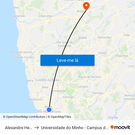 Alexandre Herculano to Universidade do Minho - Campus de Gualtar / Braga map