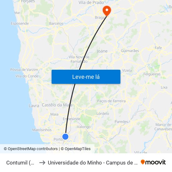 Contumil (Metro) to Universidade do Minho - Campus de Gualtar / Braga map