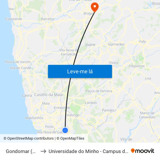 Gondomar (Câmara) to Universidade do Minho - Campus de Gualtar / Braga map