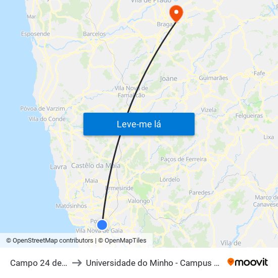 Campo 24 de Agosto to Universidade do Minho - Campus de Gualtar / Braga map