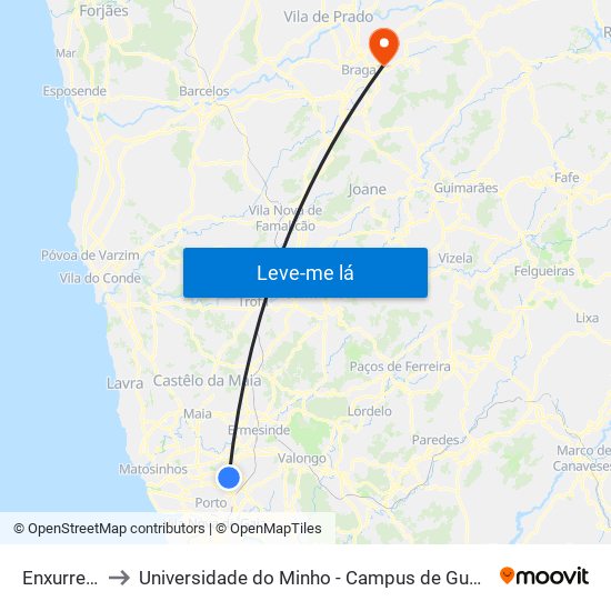 Enxurreiras to Universidade do Minho - Campus de Gualtar / Braga map