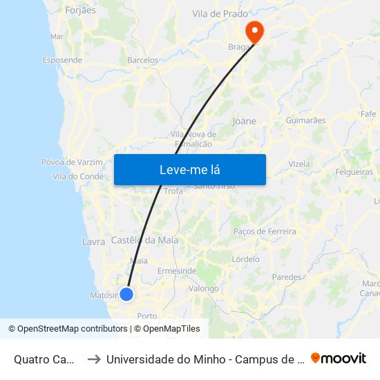 Quatro Caminhos to Universidade do Minho - Campus de Gualtar / Braga map