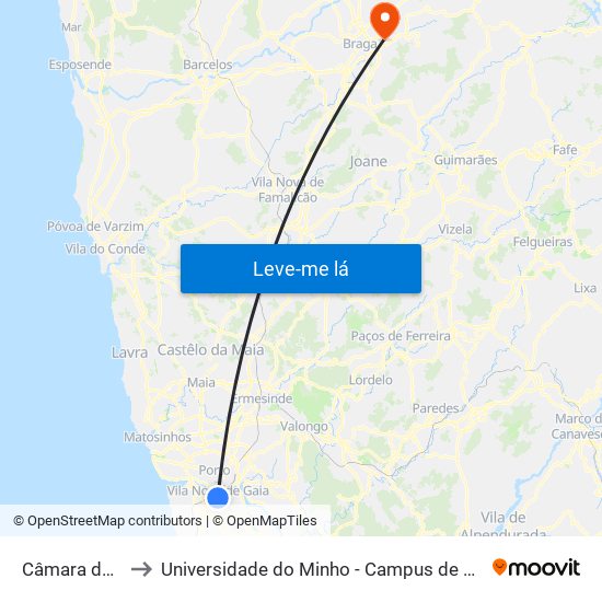 Câmara de Gaia to Universidade do Minho - Campus de Gualtar / Braga map