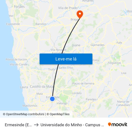 Ermesinde (Estação) to Universidade do Minho - Campus de Gualtar / Braga map
