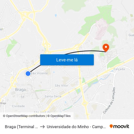 Braga (Terminal Rodoviário) to Universidade do Minho - Campus de Gualtar / Braga map