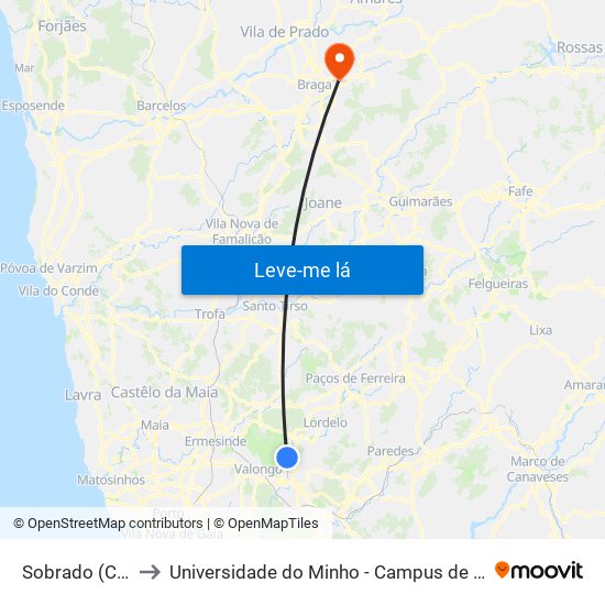 Sobrado (Centro) to Universidade do Minho - Campus de Gualtar / Braga map