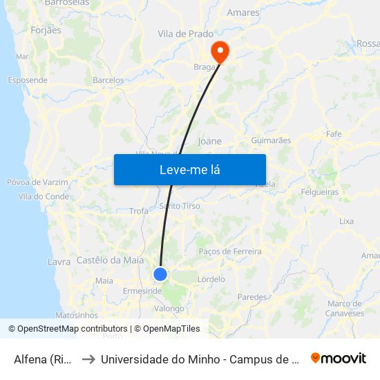 Alfena (Ribeiro) to Universidade do Minho - Campus de Gualtar / Braga map