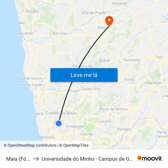 Maia (Fórum) to Universidade do Minho - Campus de Gualtar / Braga map