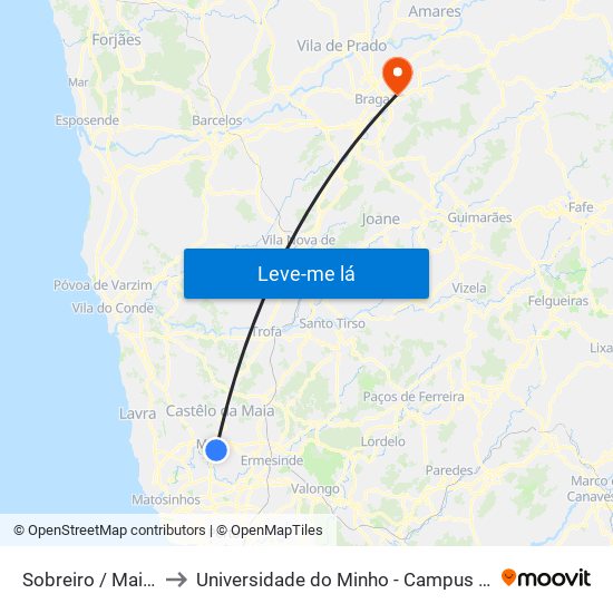Sobreiro / Maia (Plaza) to Universidade do Minho - Campus de Gualtar / Braga map