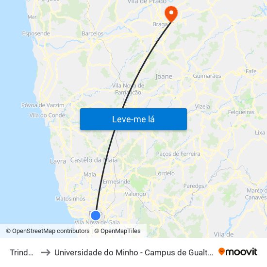 Trindade to Universidade do Minho - Campus de Gualtar / Braga map