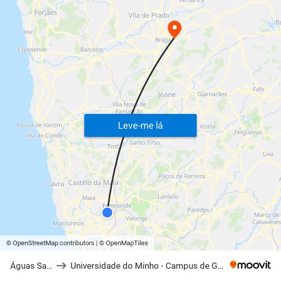 Águas Santas to Universidade do Minho - Campus de Gualtar / Braga map