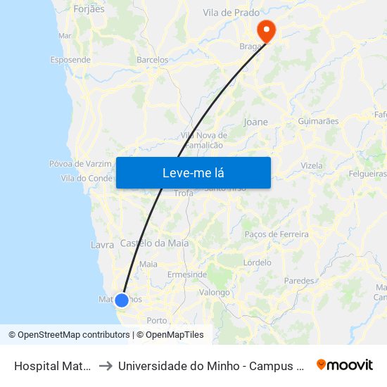 Hospital Matosinhos to Universidade do Minho - Campus de Gualtar / Braga map