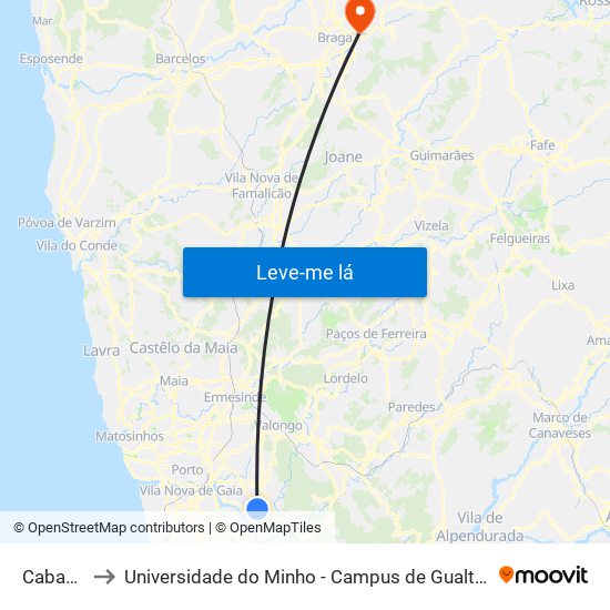 Cabanas to Universidade do Minho - Campus de Gualtar / Braga map