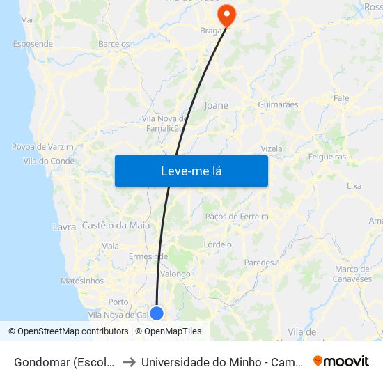 Gondomar (Escola Secundária) to Universidade do Minho - Campus de Gualtar / Braga map