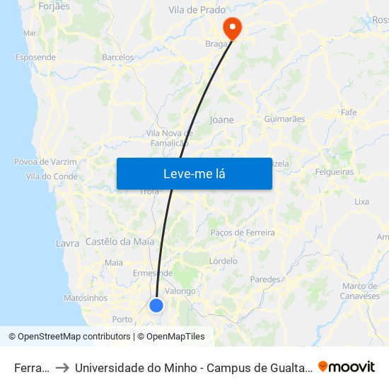 Ferraria to Universidade do Minho - Campus de Gualtar / Braga map