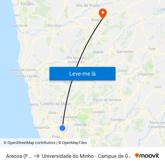 Areosa (Feira) to Universidade do Minho - Campus de Gualtar / Braga map