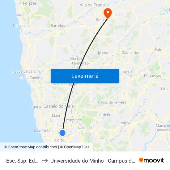 Esc. Sup. Educação to Universidade do Minho - Campus de Gualtar / Braga map