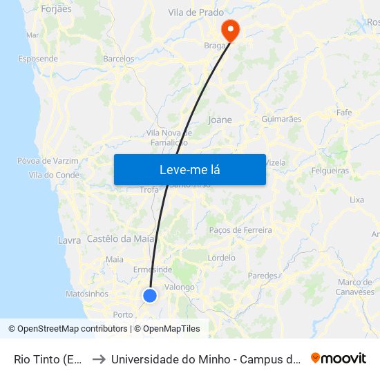 Rio Tinto (Estação) to Universidade do Minho - Campus de Gualtar / Braga map