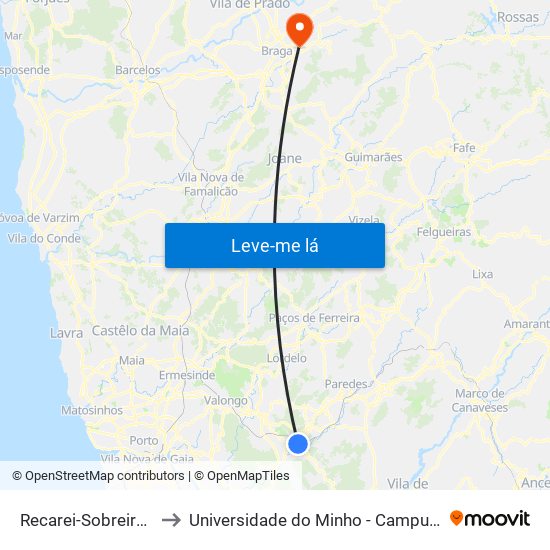 Recarei-Sobreira (Estação) to Universidade do Minho - Campus de Gualtar / Braga map