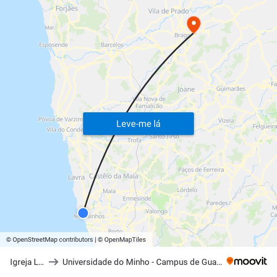 Igreja Leça to Universidade do Minho - Campus de Gualtar / Braga map