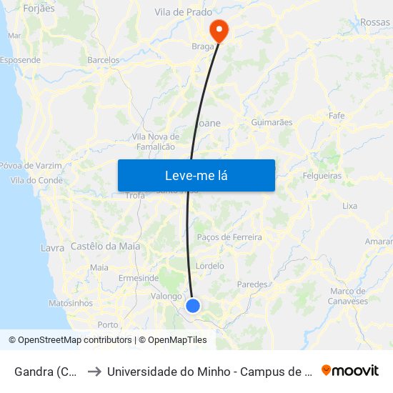 Gandra (CESPU) to Universidade do Minho - Campus de Gualtar / Braga map