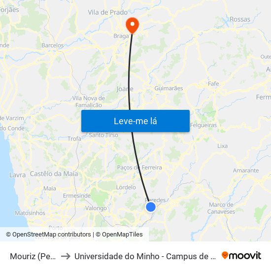 Mouriz (Perrace) to Universidade do Minho - Campus de Gualtar / Braga map