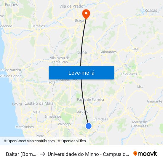 Baltar (Bombeiros) to Universidade do Minho - Campus de Gualtar / Braga map