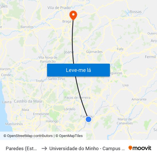 Paredes (Estação CP) to Universidade do Minho - Campus de Gualtar / Braga map