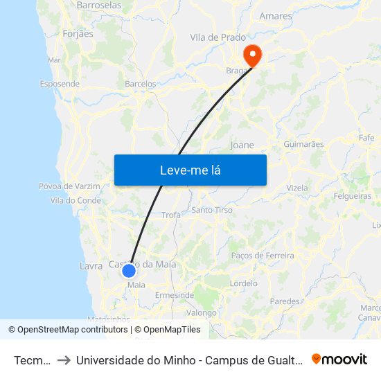 Tecmaia to Universidade do Minho - Campus de Gualtar / Braga map