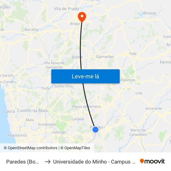 Paredes (Bombeiros) to Universidade do Minho - Campus de Gualtar / Braga map