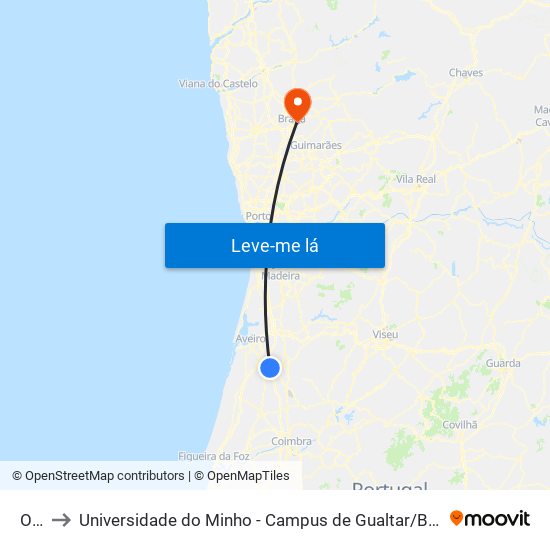 Oiã to Universidade do Minho - Campus de Gualtar / Braga map