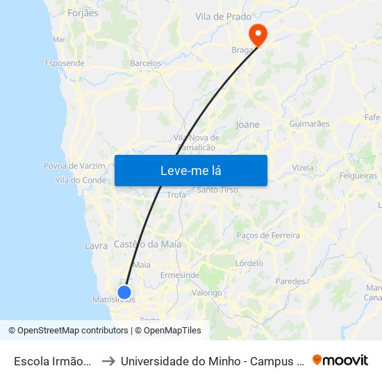 Escola Irmãos Passos to Universidade do Minho - Campus de Gualtar / Braga map