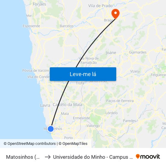 Matosinhos (Mercado) to Universidade do Minho - Campus de Gualtar / Braga map