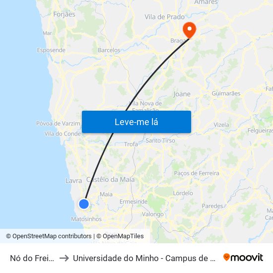 Nó do Freixieiro to Universidade do Minho - Campus de Gualtar / Braga map