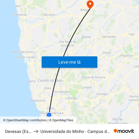 Devesas (Estação) to Universidade do Minho - Campus de Gualtar / Braga map