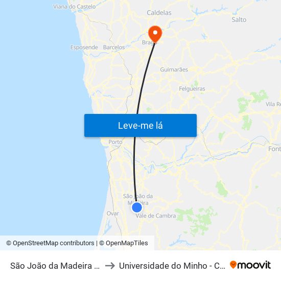 São João da Madeira (Terminal Rodoviário) to Universidade do Minho - Campus de Gualtar / Braga map